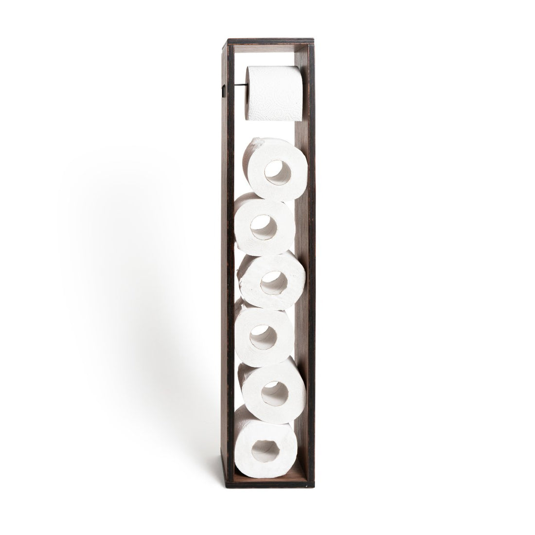 1. Free standing wooden toilet paper holder with multiple rolls stored vertically, showcasing rustic birch plywood design