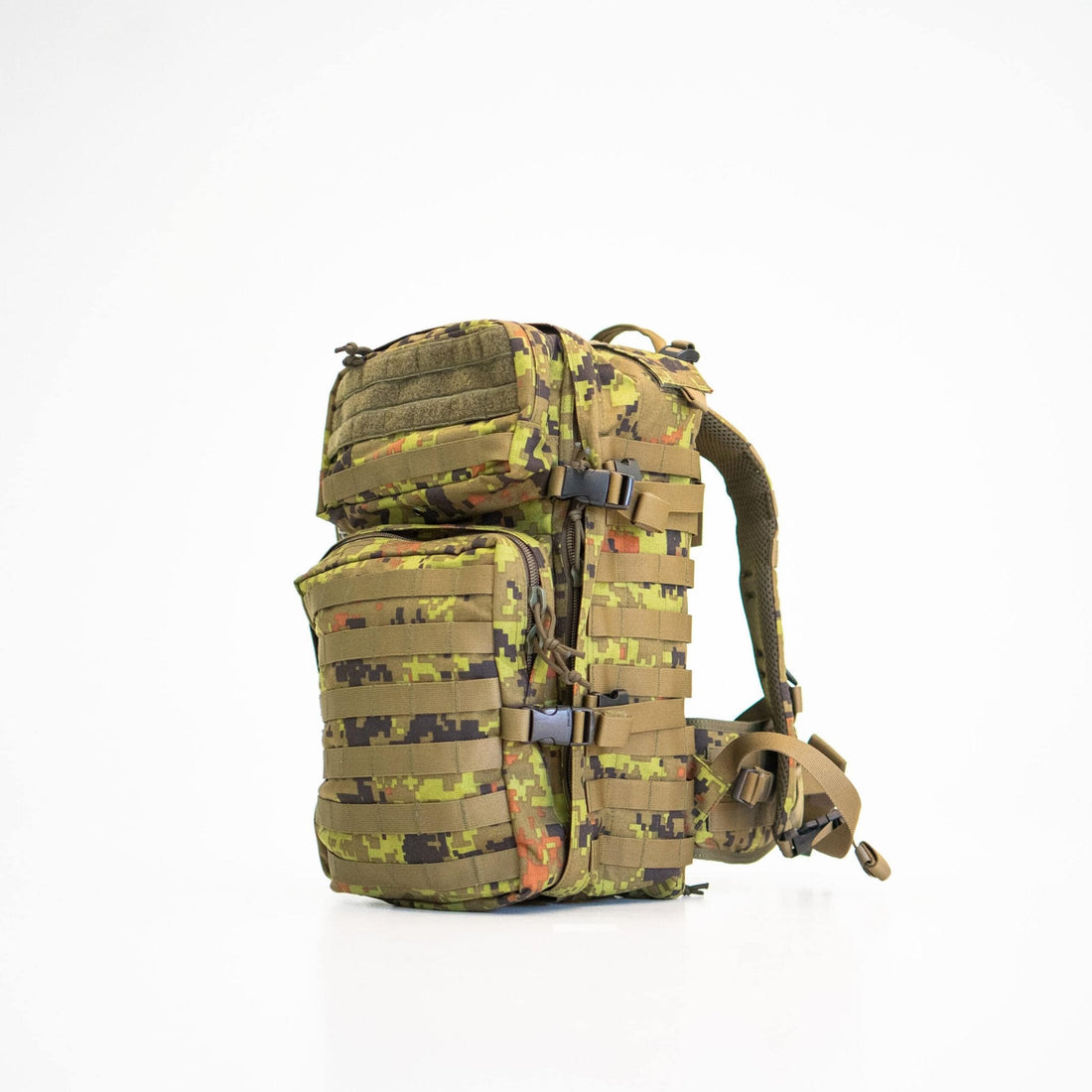 1. Galvi Linda Backpack 019 in camouflage pattern, studio shot showing side view with Molle-compatible straps and external pockets
