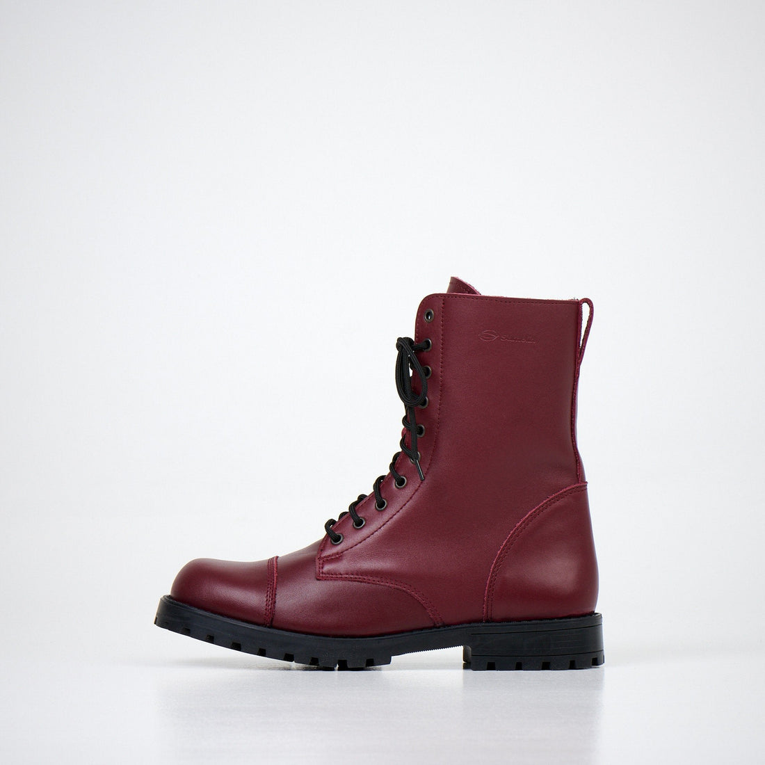 1. Unisex burgundy winter boots by Samelin, side view showing lace-up design and durable sole