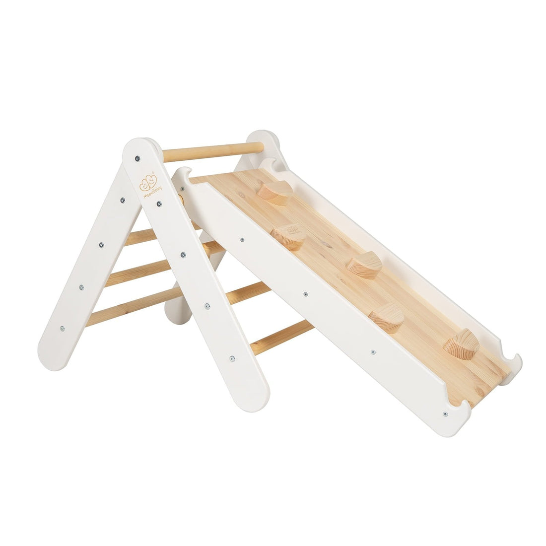 1. White wooden ladder with slide-climbing wall set in a child's room, featuring natural wood finish and Montessori design