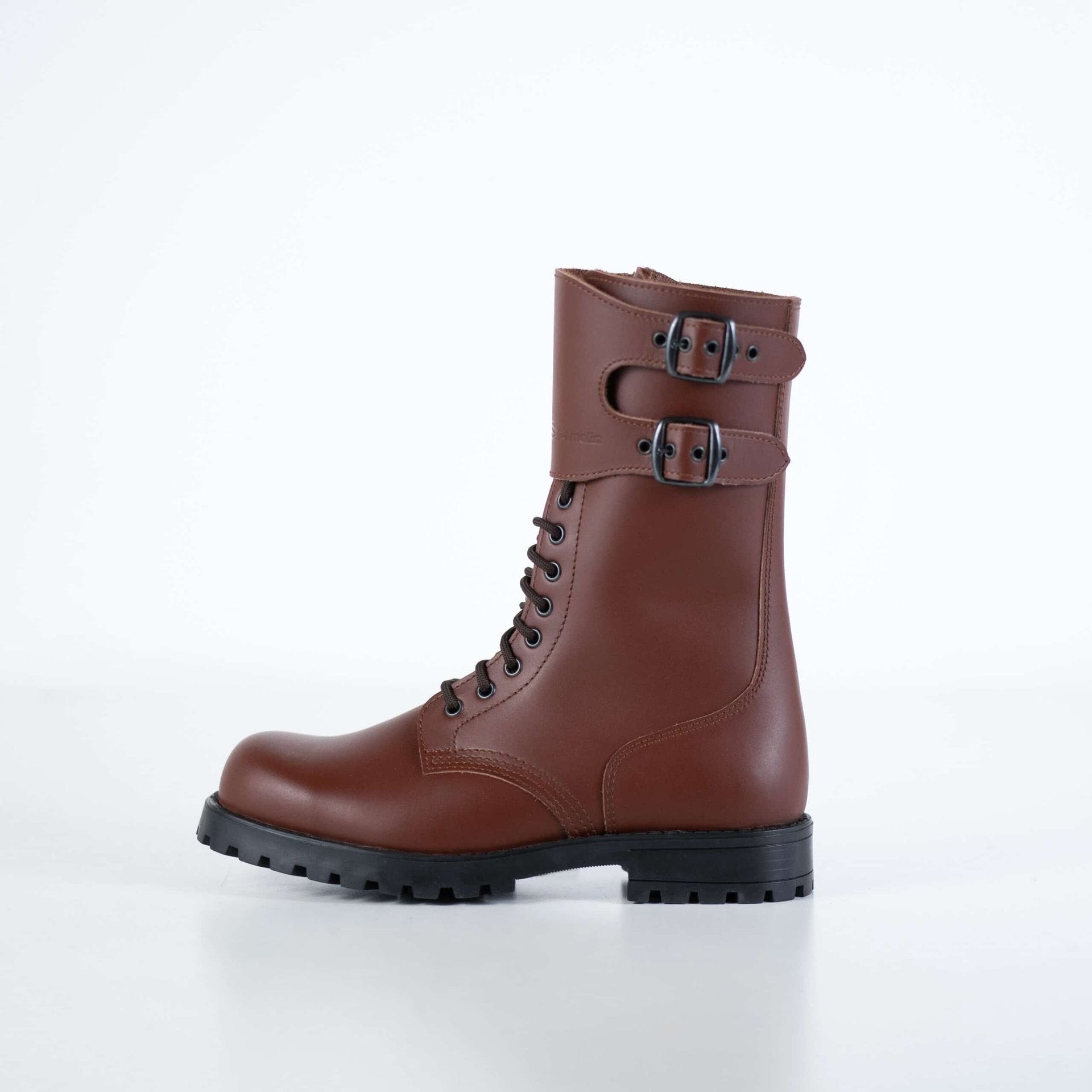 1. Unisex Tarkovsky Boots in light brown leather with dual buckle design, side view in studio setting