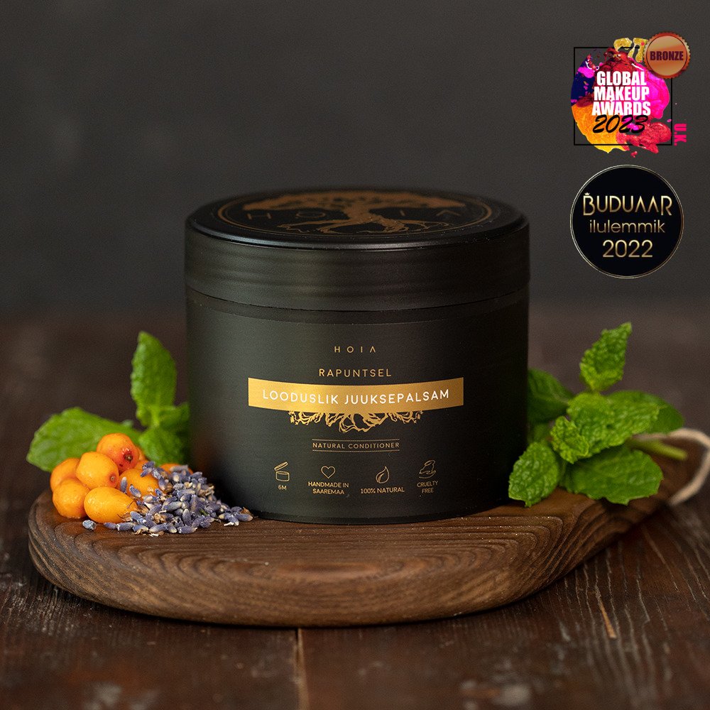 1. HOIA homespa Natural Hair Conditioner Rapunzel, 290ml, displayed with sea buckthorn and lavender, award-winning product