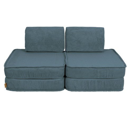 1. Small modular children's sofa in aesthetic turquoise with ribbed texture, shown in a studio setting with two back cushions and two seat cushions stacked.