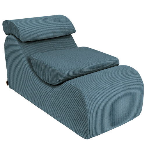 1. Turquoise wave lounger with ergonomic design and removable headrest, shown in a studio setting