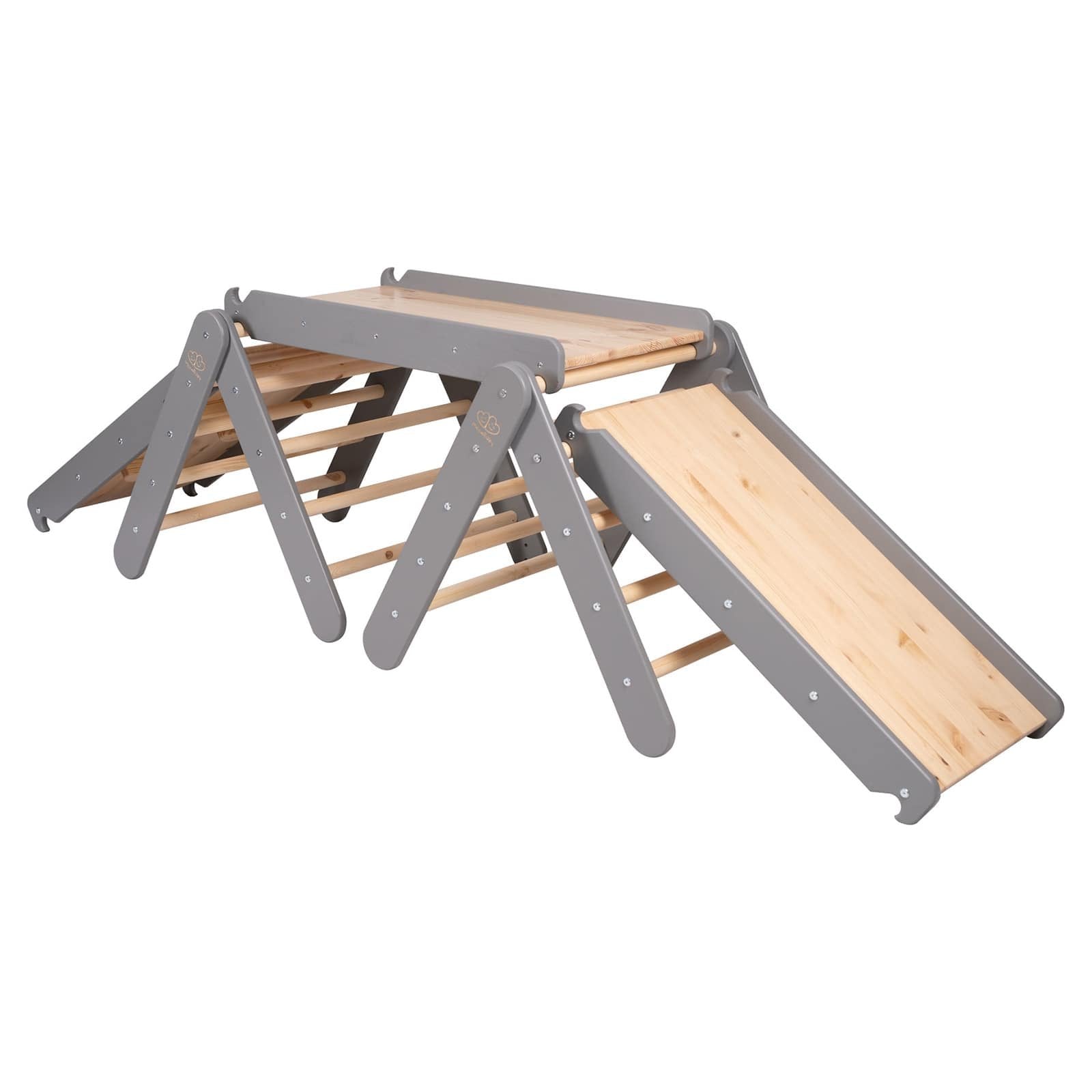 1. Grey wooden climbing triangle set with slide and climbing frame by MeowBaby, shown in a studio setting