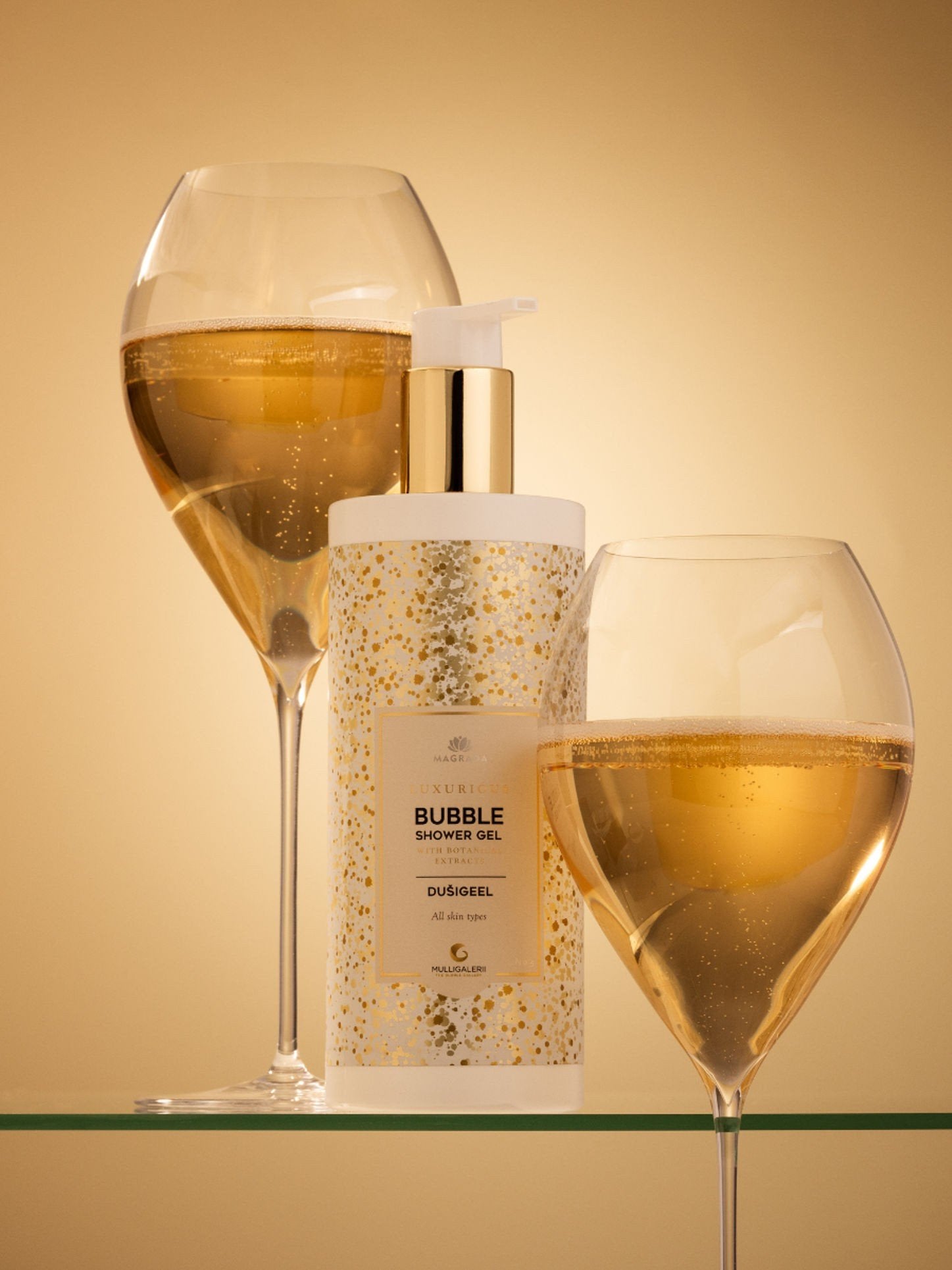 1. Magrada Organic Cosmetics Bubble Hand Wash Gel with sparkling wine scent, shown with two glasses in a luxurious setting