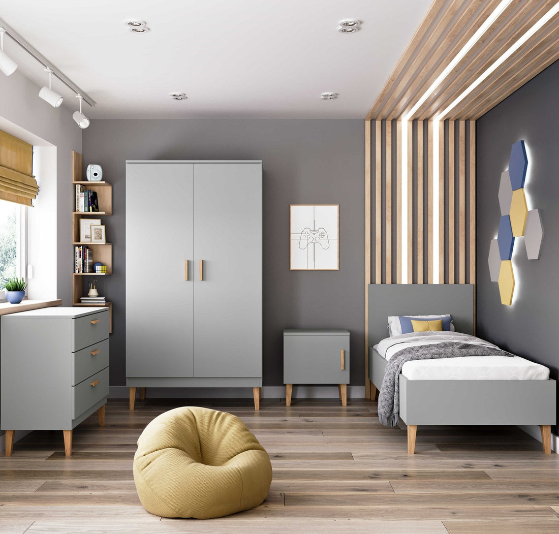 1. Children's room with grey Kubi bed, matching wardrobe, and chest of drawers, featuring Scandinavian decor