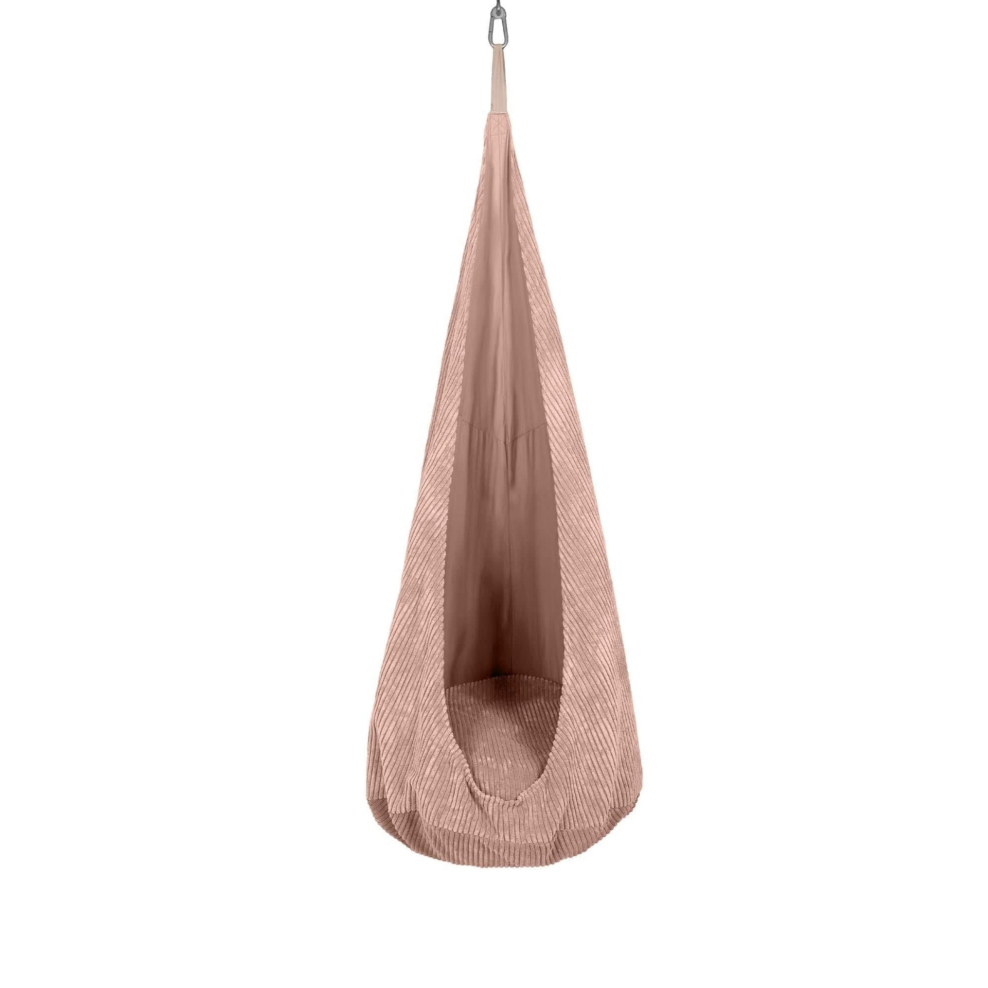 1. Powder pink cocoon swing for kids made of soft corduroy with plush cushion, shown hanging in a studio setting