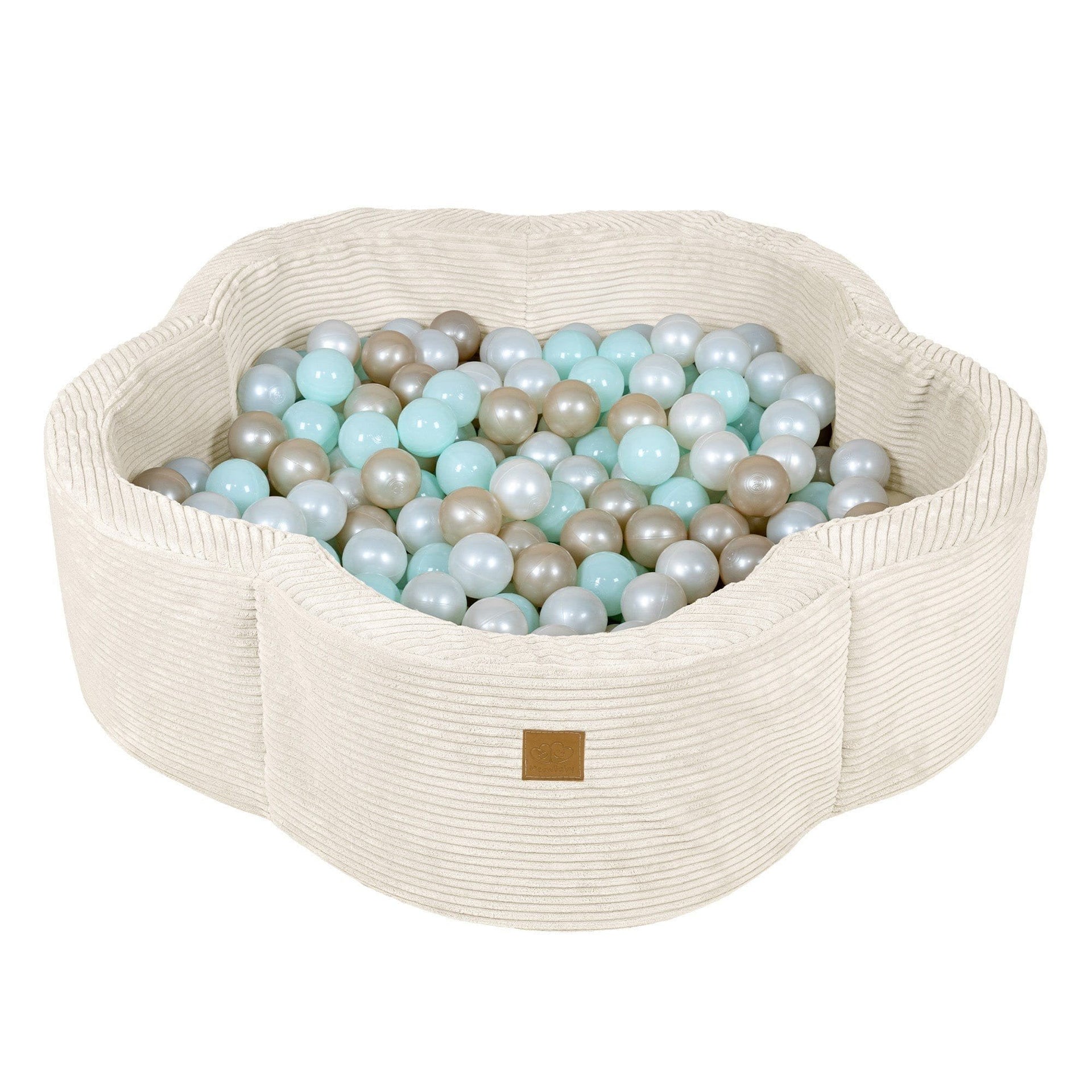 1. Beige flower-shaped foam baby ball pit filled with blue, silver, and beige balls on a white background