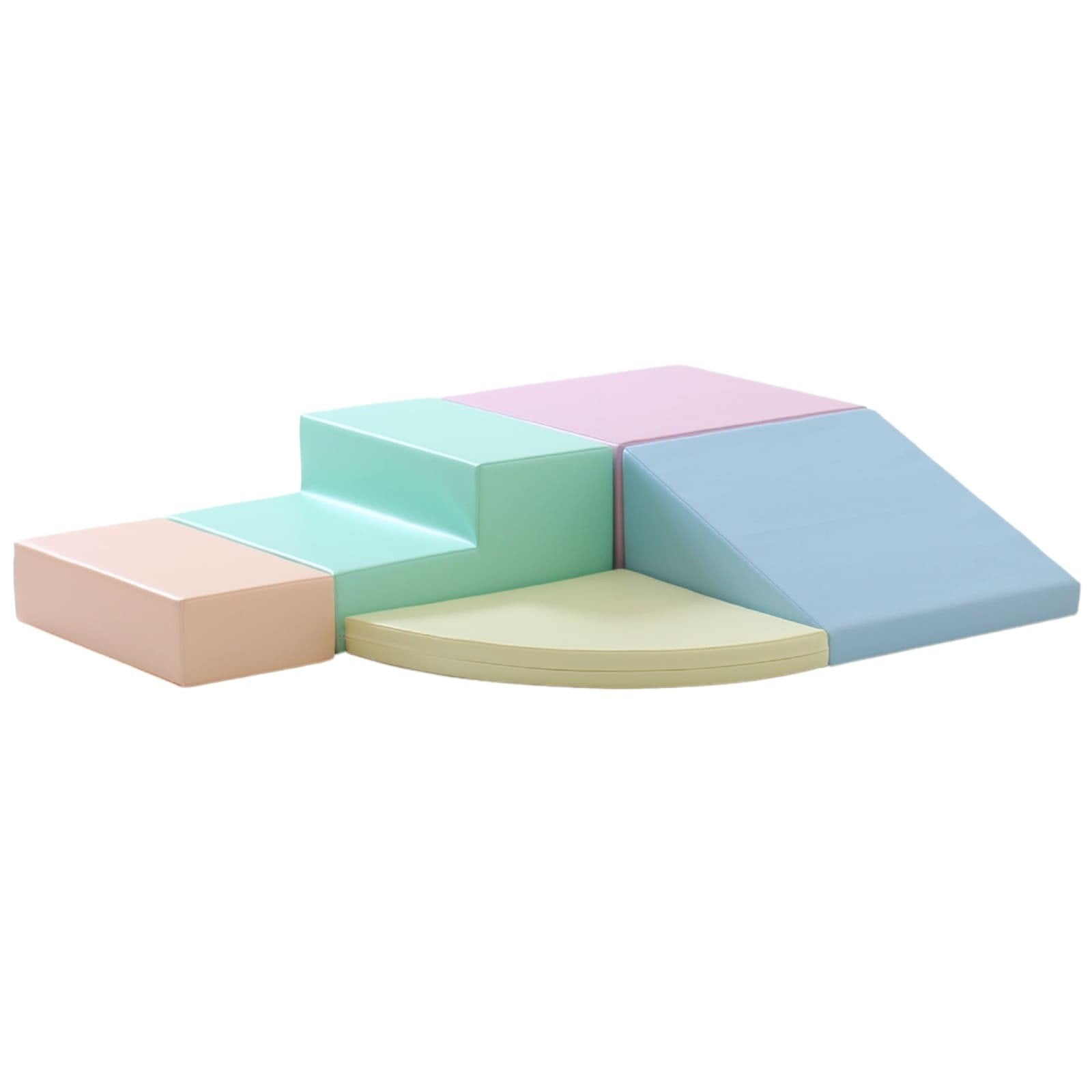 1. IGLU soft play foam block set in pastel colors arranged in a corner climber configuration on a white background