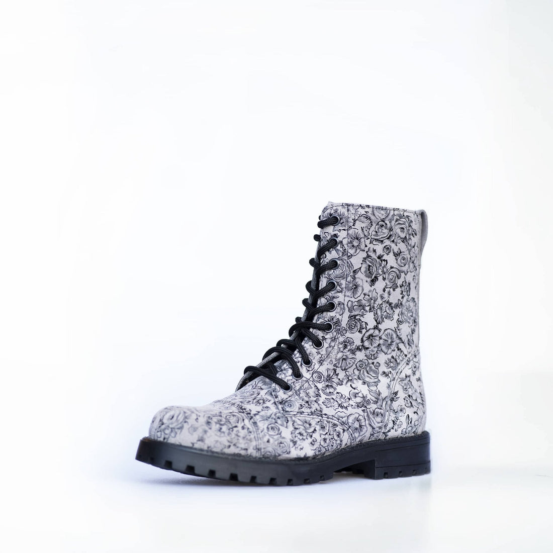 1. Unisex Samelin 511 Gray Flower boots in studio, showcasing punk-style floral design and water-repellent leather