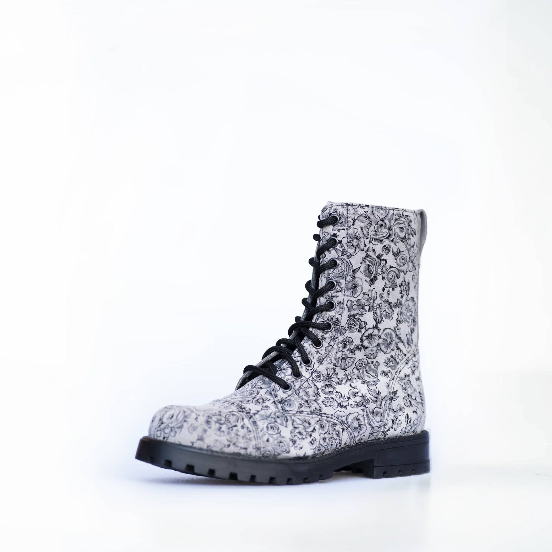 1. Unisex Samelin 511 Gray Flower boots in studio, showcasing punk-style floral design and water-repellent leather