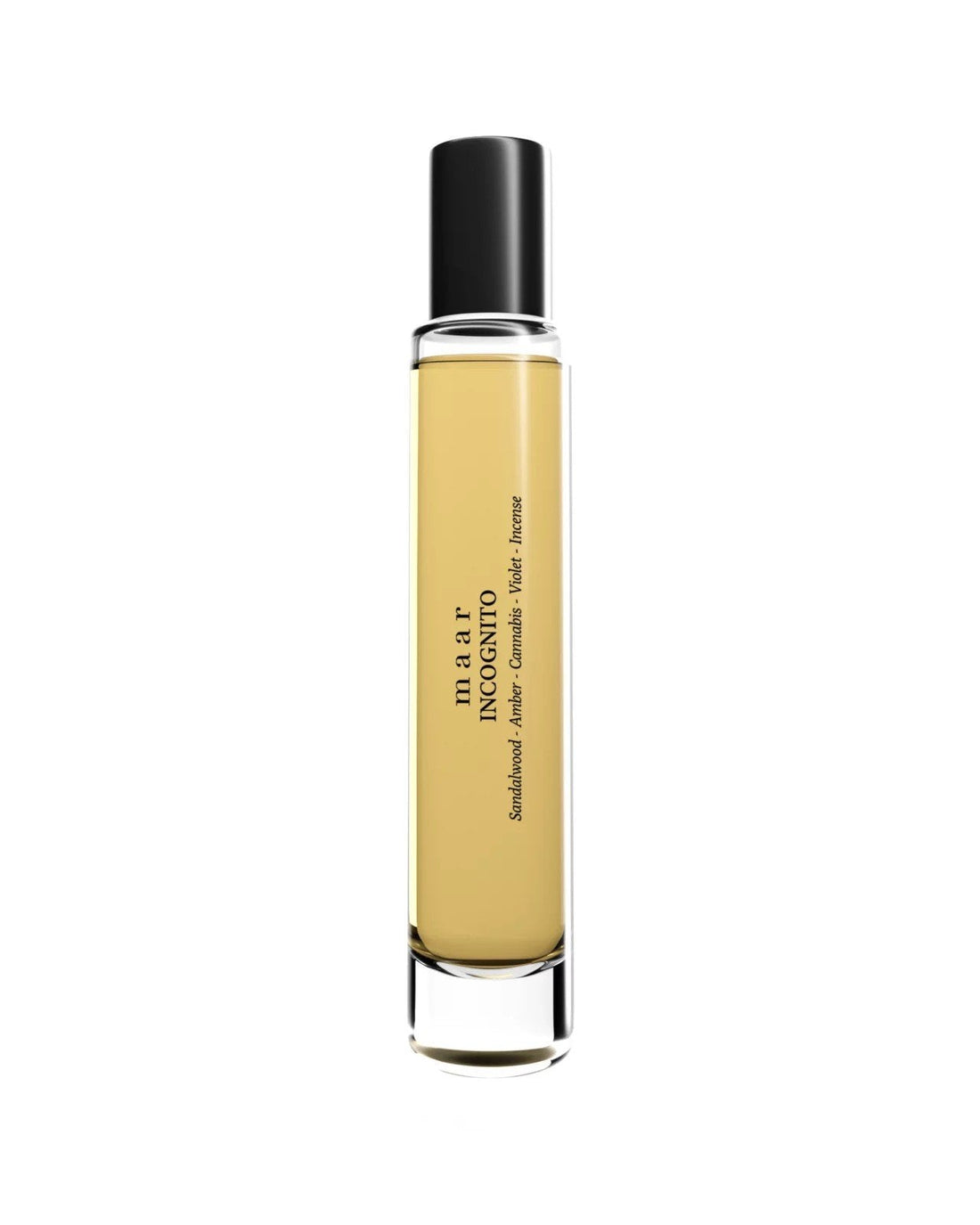 1. maar Incognito perfume oil in 10ml glass bottle with black cap, featuring sandalwood, amber, and cannabis notes, studio shot