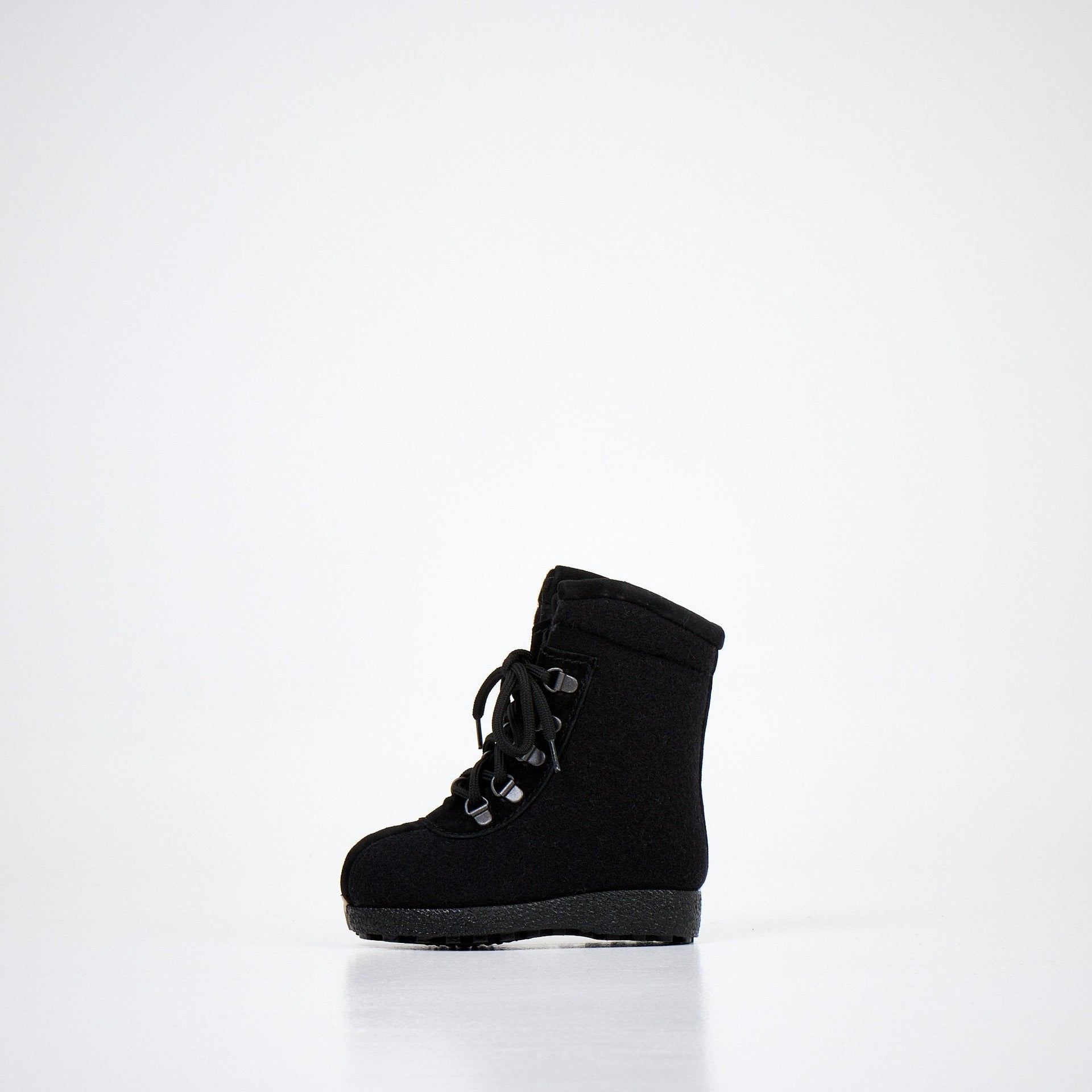 1. Black kids' felt boot with lace-up design and non-slip sole, side view on white background