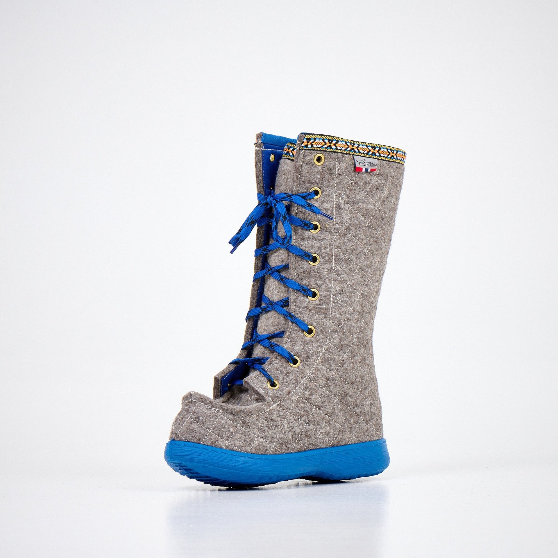 1. Nesna Lobben Polar Lobben Felt Boots in grey with blue laces and soles, shown in studio setting