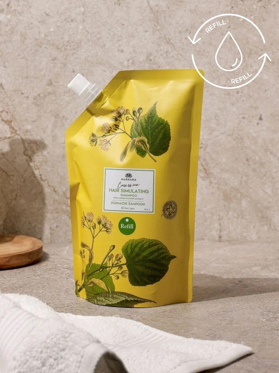 1. Magrada Organic Cosmetics Linden Flower Shampoo refill pack with Nordic Birch Extract, 500ml, shown in a lifestyle setting