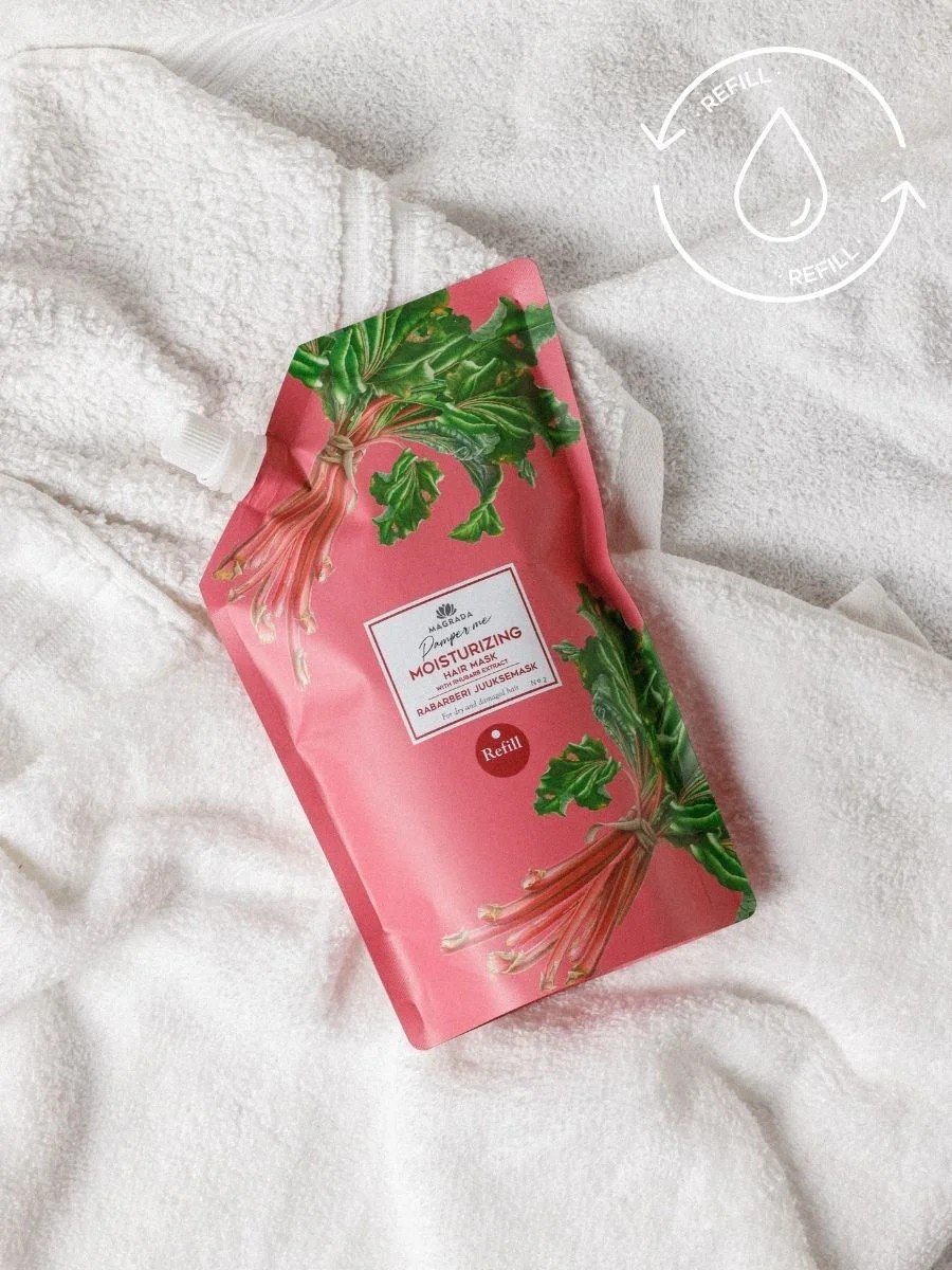 1. Magrada Organic Cosmetics rhubarb hair mask refill on white towel, eco-friendly packaging