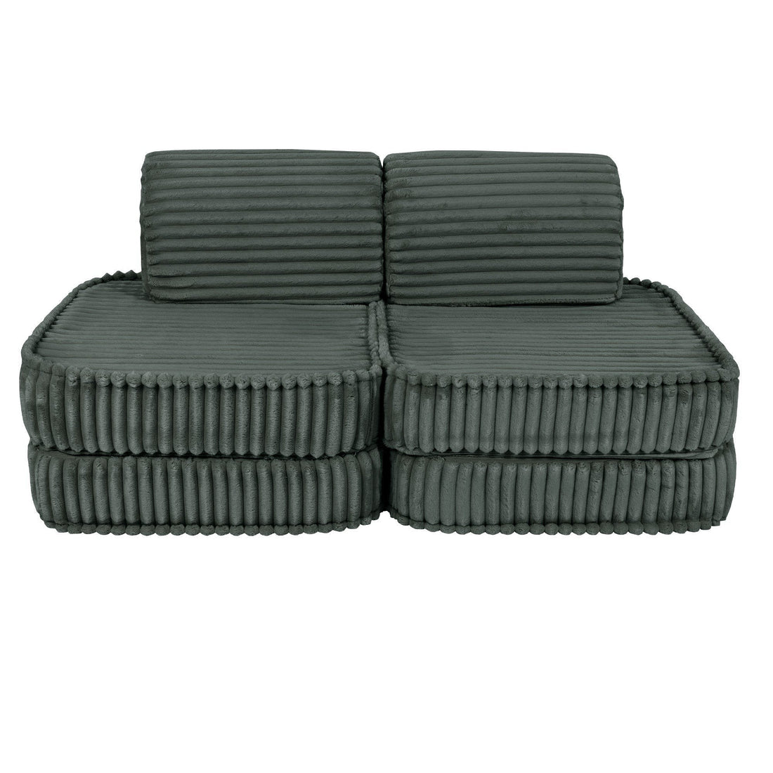 1. Small modular kids sofa in forest green corduroy with ribbed texture, shown in a compact configuration with two backrests on a white background