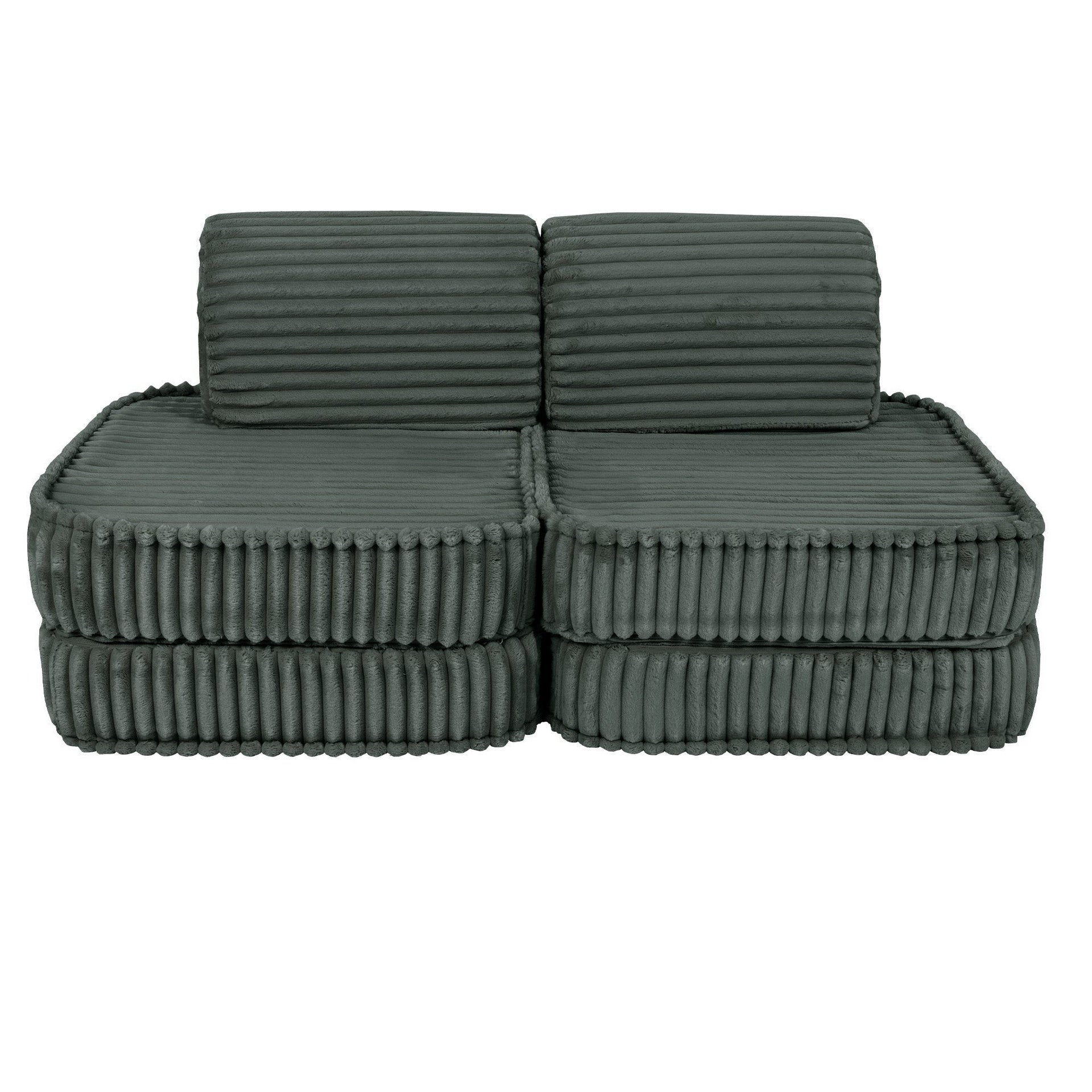 1. Small modular kids sofa in forest green corduroy with ribbed texture, shown in a compact configuration with two backrests on a white background