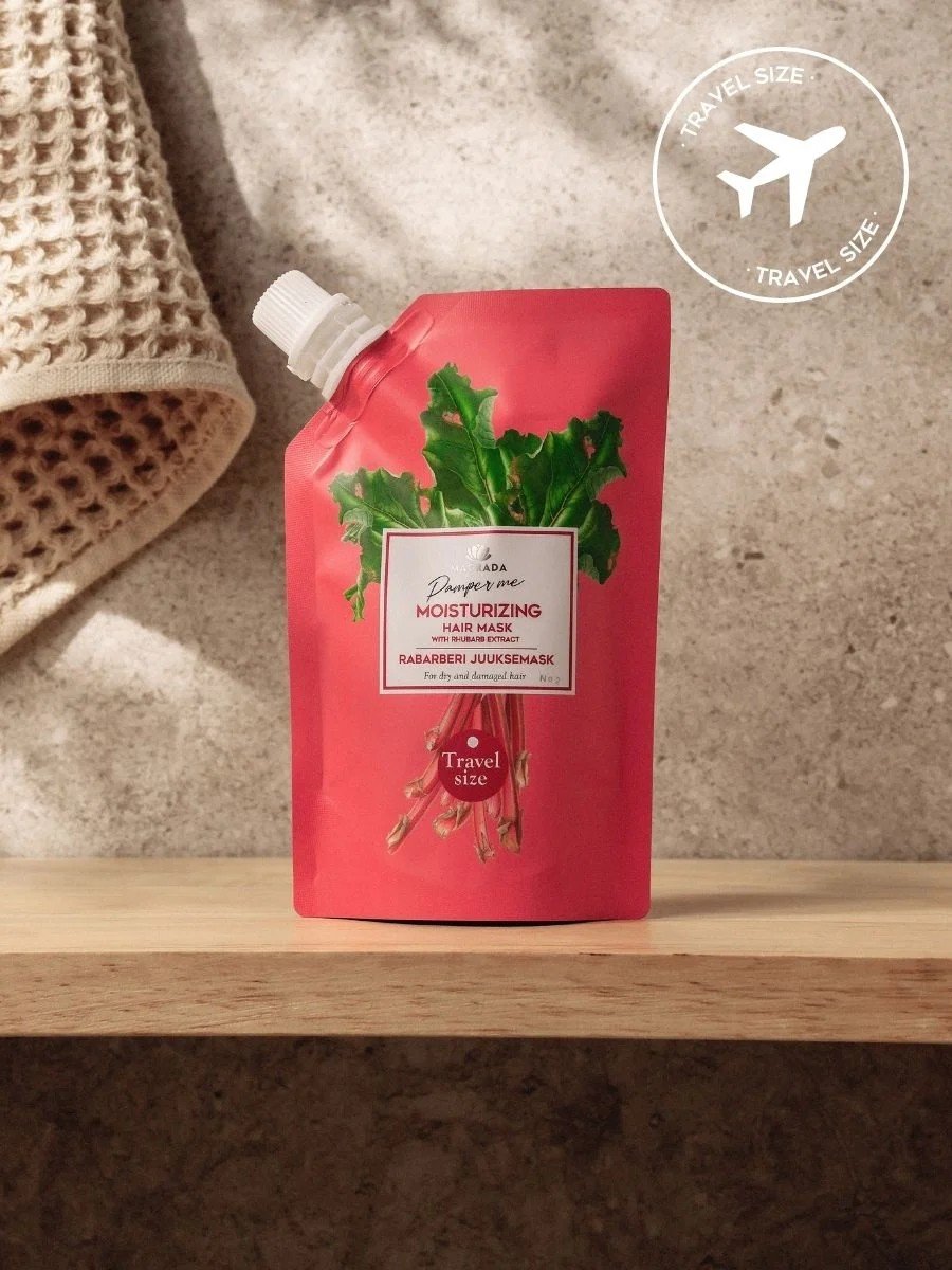 1. Magrada Organic Cosmetics travel size rhubarb hair mask on a wooden shelf, highlighting moisturizing benefits