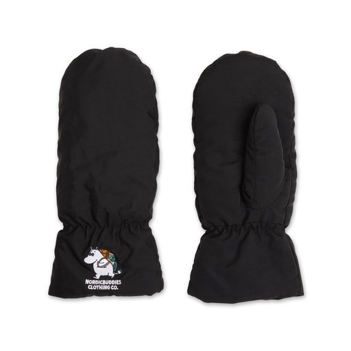1. Black Moomintroll Puffer Mittens for adults by NordicBuddies, featuring Moomin embroidery, shown in studio
