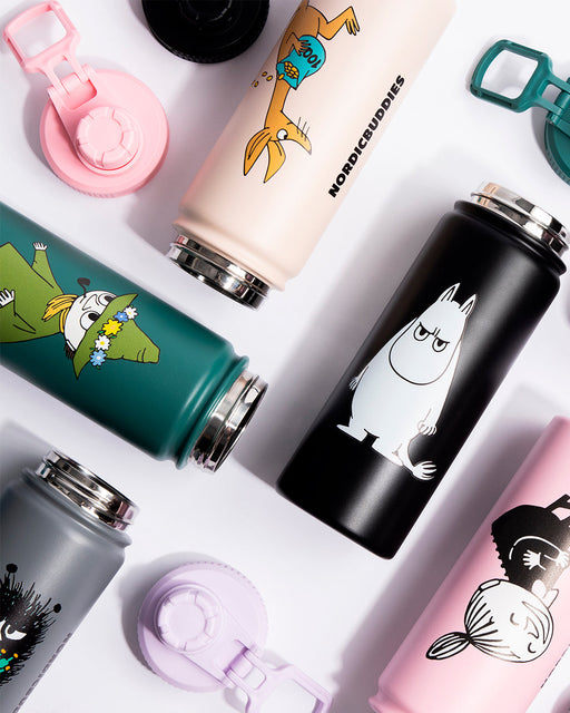 1. Sunshine Stinky Take Away Mug by Moomin, featuring a playful Stinky character and sun design on a yellow background with a black lid, made of biodegradable PLA