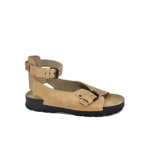 1. Women's TOKU Athens sandals in beige leather with adjustable ankle strap, shown in side view