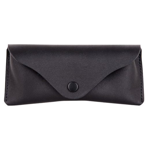 1. Black leather glasses case by RR with button closure, shown in studio setting