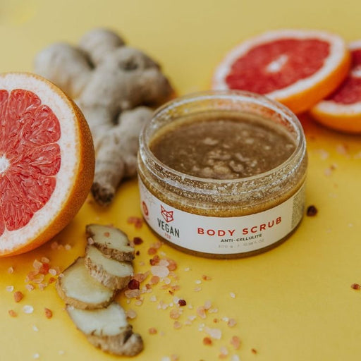1. Vegan Fox Anti-cellulite Body Scrub Ginger, 300g, with grapefruit and ginger slices on yellow background