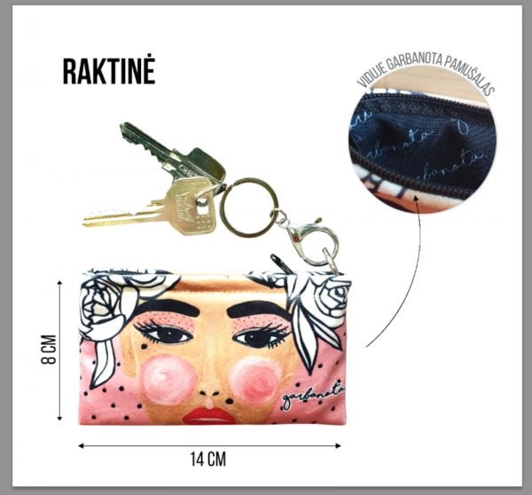 2. Size chart for Garbanota Key Pouch Yoko in black, showing dimensions and keyring detail