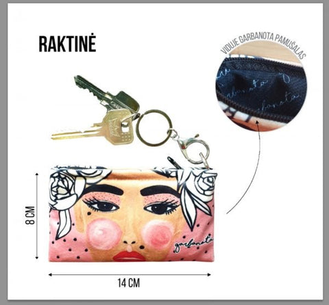 2. Size chart for Garbanota Key Pouch Yoko in black, showing dimensions and keyring detail