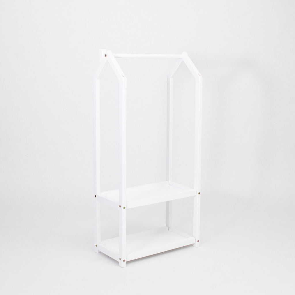 2. White house-shaped clothing rack with two shelves on a white background