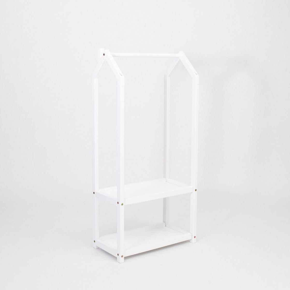 2. White house-shaped clothing rack with two shelves on a white background