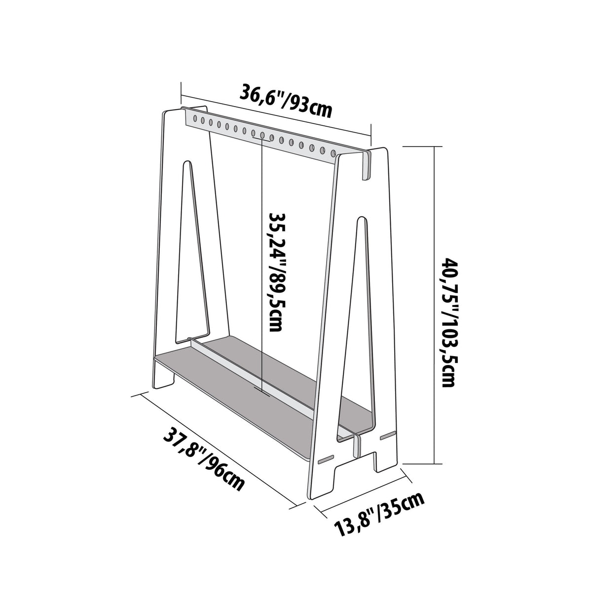 16. Size chart for toddler clothing rack showing dimensions in centimeters