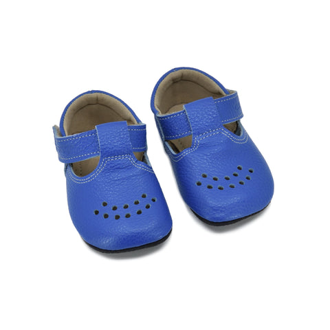 1. Kids' electric blue Mutsu slippers by OmaKing with adjustable Velcro fastener, shown in studio setting
