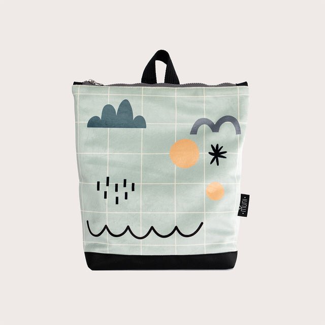 1. Kids SKY backpack by Muni with playful sky pattern in velvet, front view