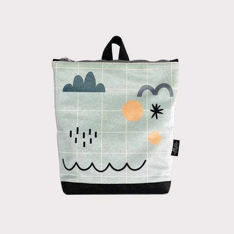1. Kids SKY backpack by Muni with playful sky pattern in velvet, front view