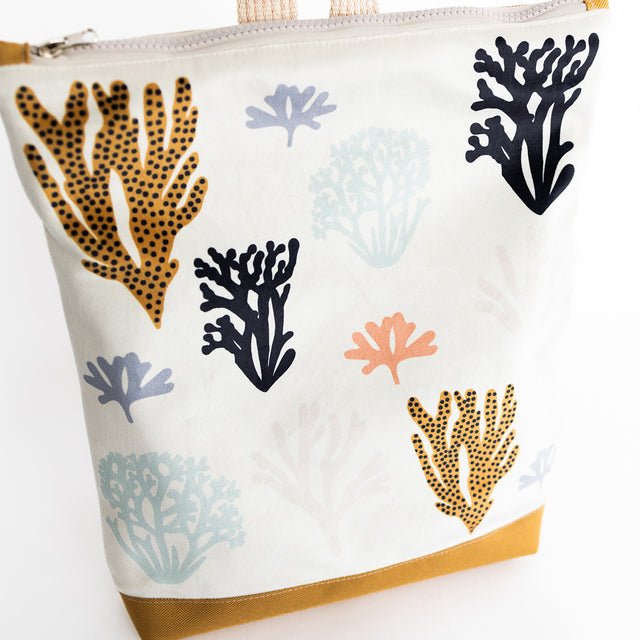 2. Close-up of Muni kids' backpack featuring coral pattern and velvet top