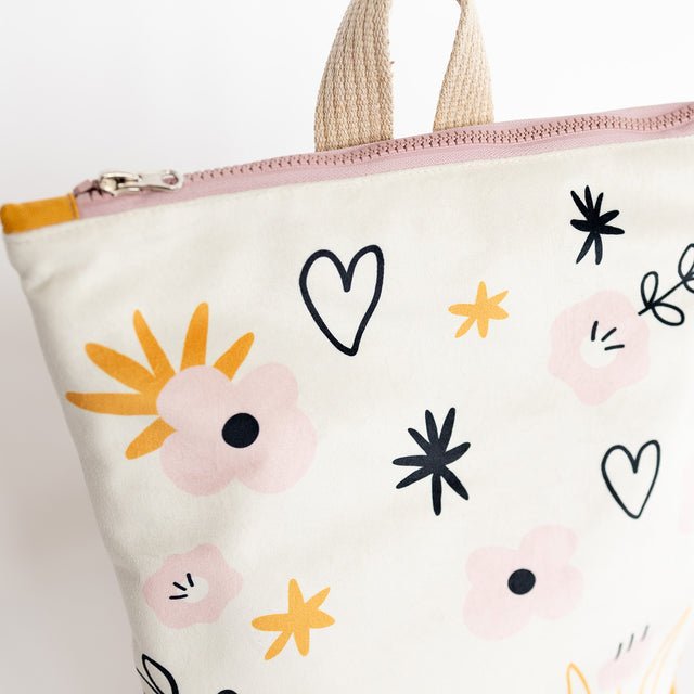 6. Detailed view of Muni kids backpack with flower pattern and zipper