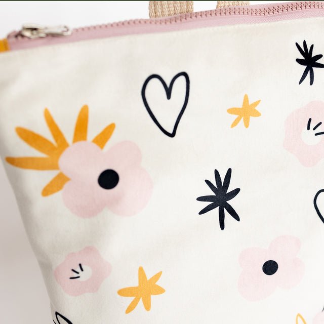 5. Close-up of Muni kids backpack showing flower pattern and zipper detail