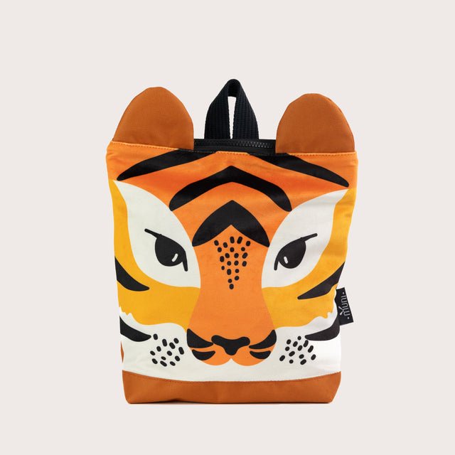 4. Muni Tiger backpack in studio, featuring eye-catching tiger face design and velvet fabric