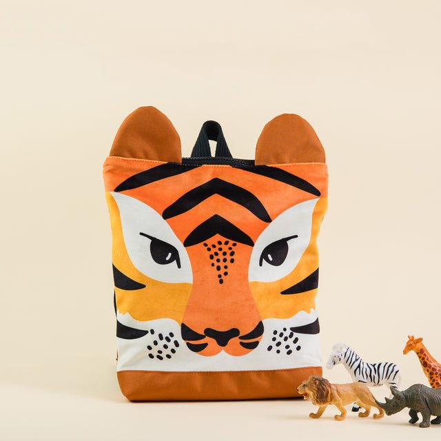 5. Muni Tiger backpack with toy animals, showcasing fun design and sturdy polyester material