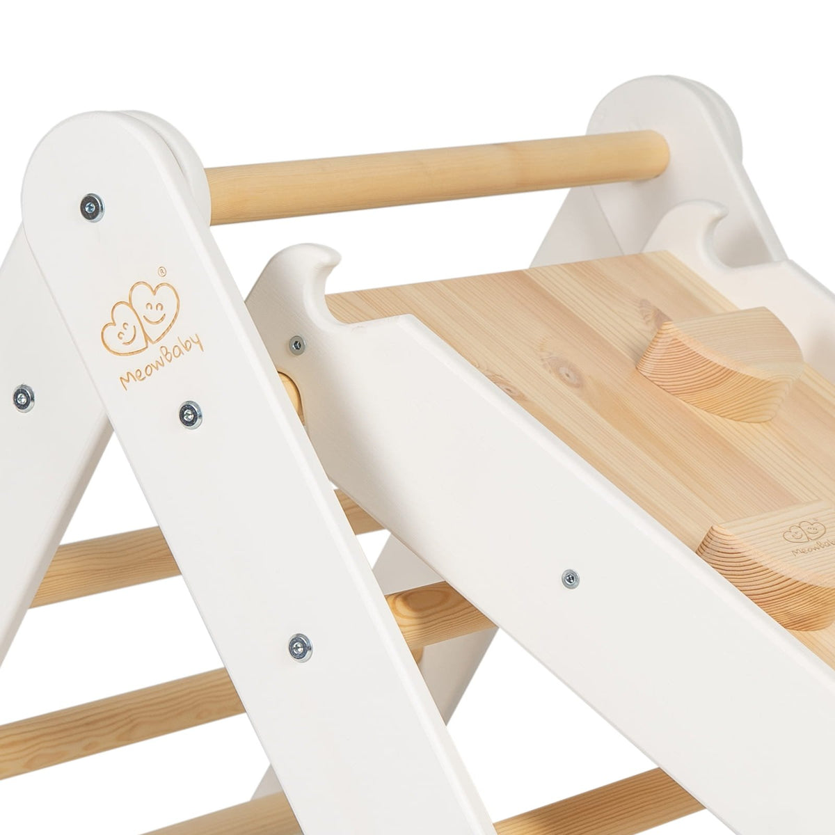 3. Close-up of MeowBaby logo on white wooden ladder with natural wood rungs