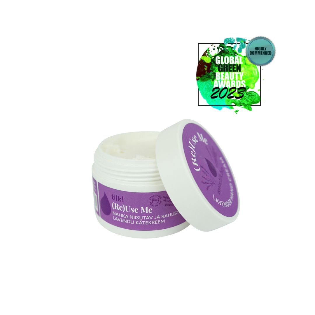 3. Open jar of Tilk! ReUse Me Lavender Hand Cream with Global Green Beauty Awards 2023 badge