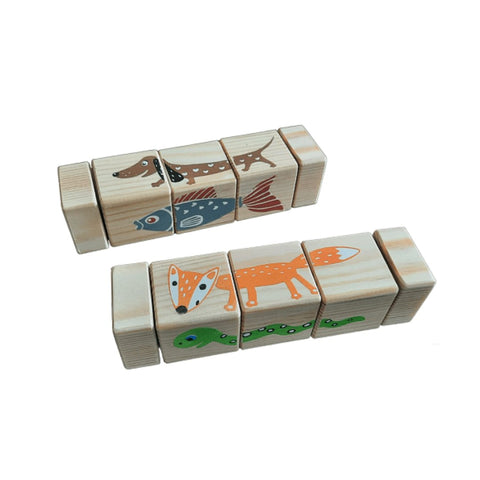 1. ROOSI Traditional Toys rotating blocks with animal illustrations, featuring a fox, fish, and dog, made from pinewood, showcasing head, body, and tail sections, hand-made in Estonia.