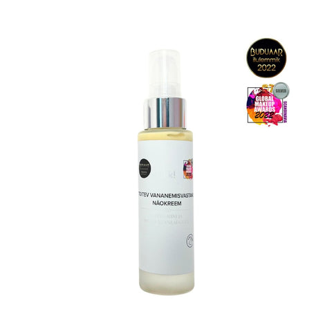 1. Tilk! Nourishing Anti-Ageing Face Cream with Vitamin C and Black Garlic, 50ml, shown with award badges