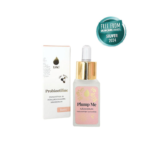 1. Tilk! Plump Me Probiotic Moisturising Face Serum with Hyaluronic Acid and Red Algae, 15ml bottle and packaging, featuring skincare award badge