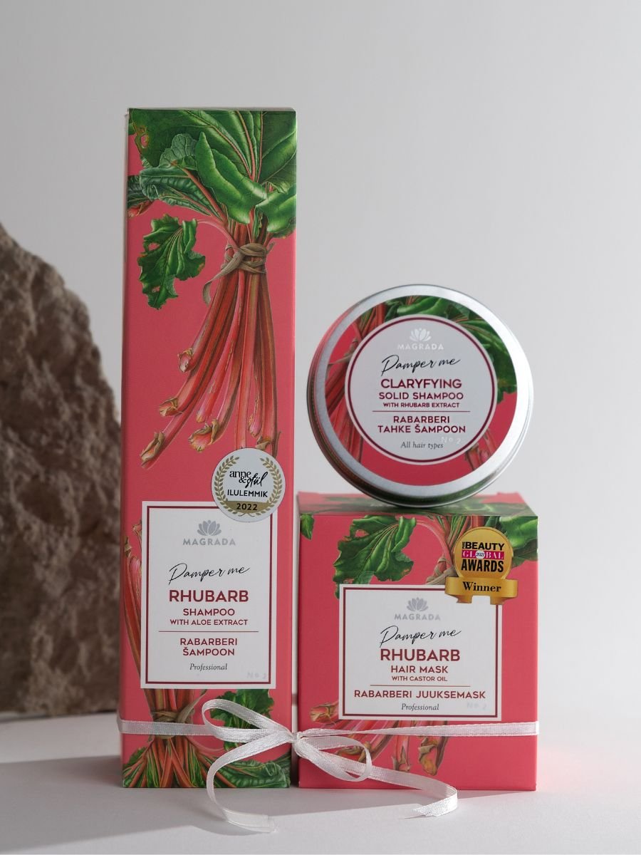 1. Magrada Organic Cosmetics Deep Moisture Hair Set featuring Rhubarb Shampoo, Hair Mask, and Solid Shampoo with castor and macadamia oils, shown in studio setting