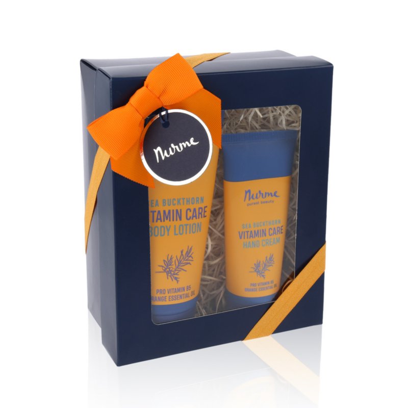 1. Nurme Natural Gift Set Sea Buckthorn-Orange in elegant packaging with orange ribbon, featuring body lotion and hand cream