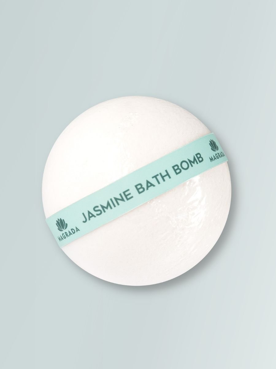 3. Close-up of Magrada Organic Cosmetics Jasmine Bath Bomb with branded band
